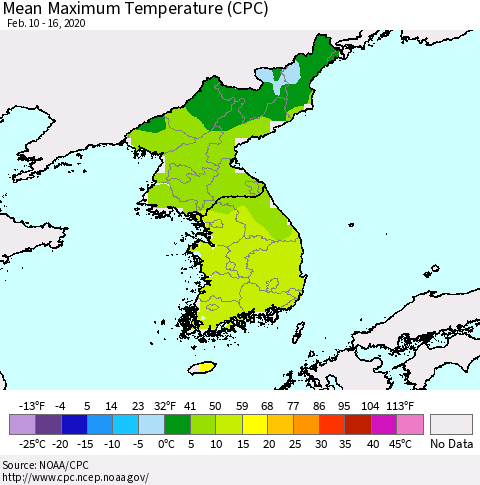 Korea Mean Maximum Temperature (CPC) Thematic Map For 2/10/2020 - 2/16/2020