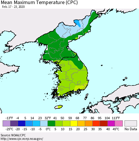 Korea Mean Maximum Temperature (CPC) Thematic Map For 2/17/2020 - 2/23/2020