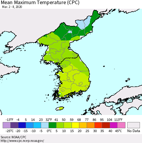 Korea Mean Maximum Temperature (CPC) Thematic Map For 3/2/2020 - 3/8/2020