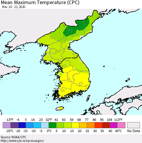 Korea Mean Maximum Temperature (CPC) Thematic Map For 3/16/2020 - 3/22/2020