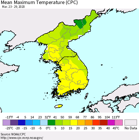 Korea Mean Maximum Temperature (CPC) Thematic Map For 3/23/2020 - 3/29/2020