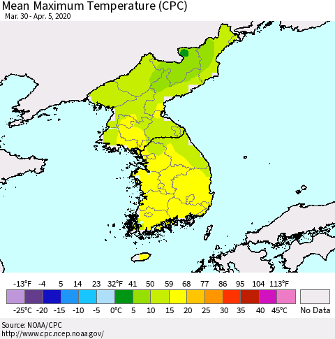 Korea Mean Maximum Temperature (CPC) Thematic Map For 3/30/2020 - 4/5/2020