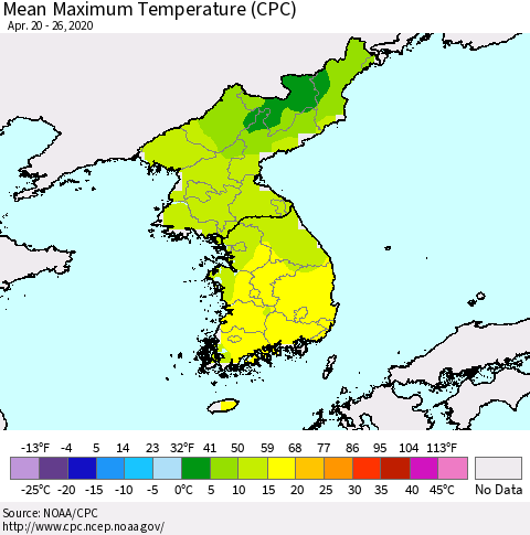 Korea Mean Maximum Temperature (CPC) Thematic Map For 4/20/2020 - 4/26/2020