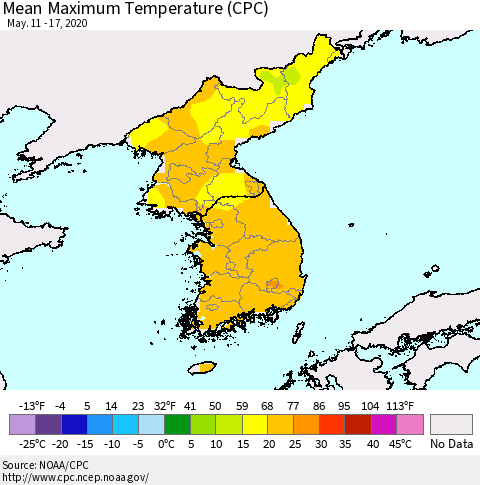 Korea Mean Maximum Temperature (CPC) Thematic Map For 5/11/2020 - 5/17/2020