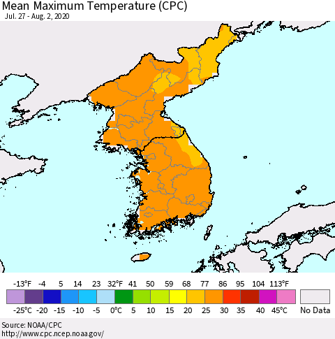 Korea Mean Maximum Temperature (CPC) Thematic Map For 7/27/2020 - 8/2/2020
