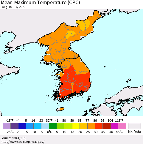 Korea Mean Maximum Temperature (CPC) Thematic Map For 8/10/2020 - 8/16/2020