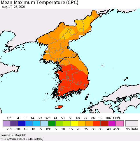 Korea Mean Maximum Temperature (CPC) Thematic Map For 8/17/2020 - 8/23/2020