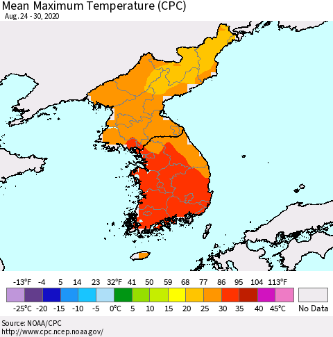 Korea Mean Maximum Temperature (CPC) Thematic Map For 8/24/2020 - 8/30/2020