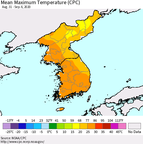 Korea Mean Maximum Temperature (CPC) Thematic Map For 8/31/2020 - 9/6/2020