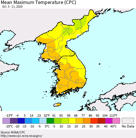Korea Mean Maximum Temperature (CPC) Thematic Map For 10/5/2020 - 10/11/2020