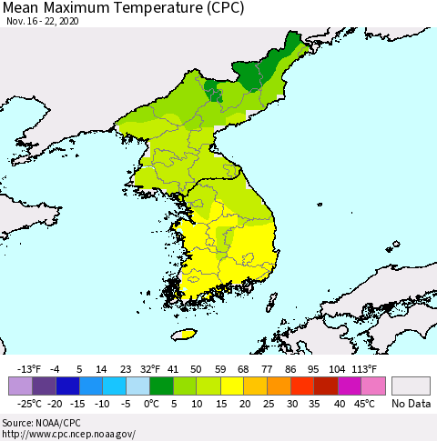 Korea Mean Maximum Temperature (CPC) Thematic Map For 11/16/2020 - 11/22/2020