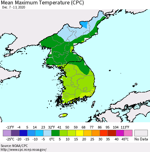Korea Mean Maximum Temperature (CPC) Thematic Map For 12/7/2020 - 12/13/2020