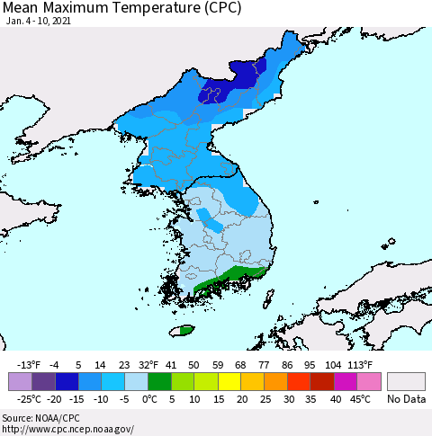 Korea Mean Maximum Temperature (CPC) Thematic Map For 1/4/2021 - 1/10/2021