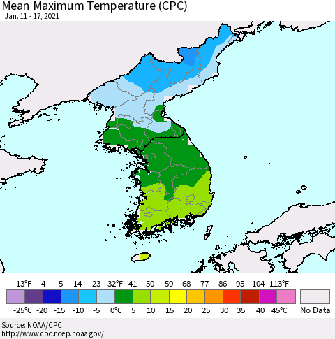 Korea Mean Maximum Temperature (CPC) Thematic Map For 1/11/2021 - 1/17/2021