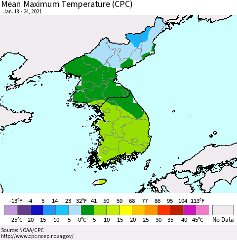 Korea Mean Maximum Temperature (CPC) Thematic Map For 1/18/2021 - 1/24/2021