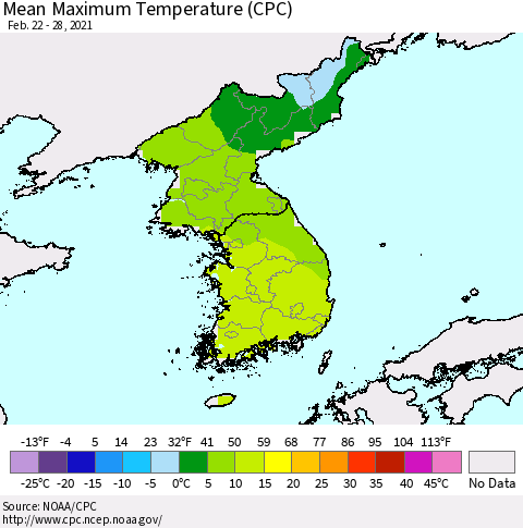 Korea Mean Maximum Temperature (CPC) Thematic Map For 2/22/2021 - 2/28/2021