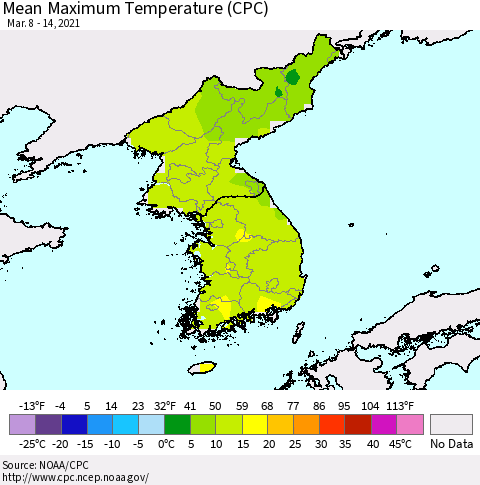 Korea Mean Maximum Temperature (CPC) Thematic Map For 3/8/2021 - 3/14/2021