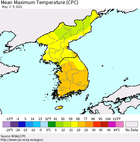 Korea Mean Maximum Temperature (CPC) Thematic Map For 5/3/2021 - 5/9/2021