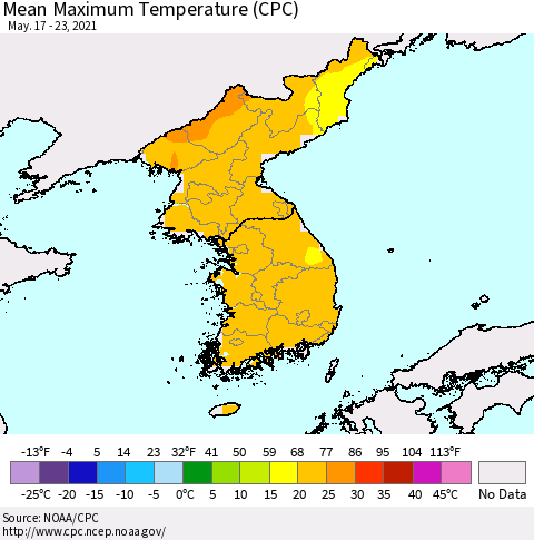 Korea Mean Maximum Temperature (CPC) Thematic Map For 5/17/2021 - 5/23/2021