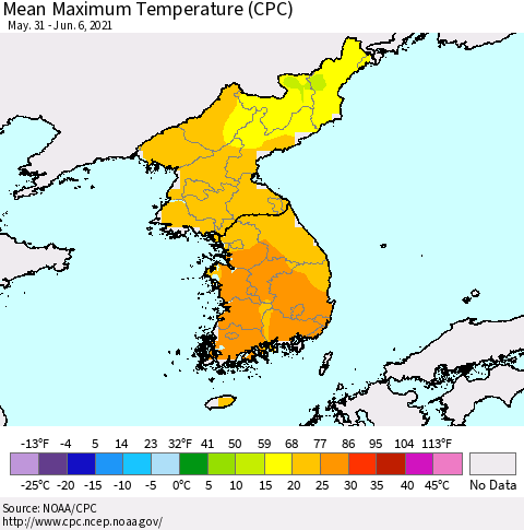 Korea Mean Maximum Temperature (CPC) Thematic Map For 5/31/2021 - 6/6/2021