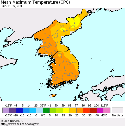 Korea Mean Maximum Temperature (CPC) Thematic Map For 6/21/2021 - 6/27/2021