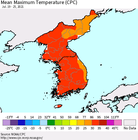Korea Mean Maximum Temperature (CPC) Thematic Map For 7/19/2021 - 7/25/2021