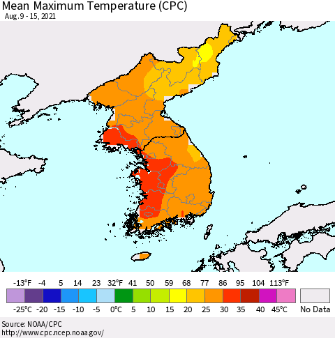 Korea Mean Maximum Temperature (CPC) Thematic Map For 8/9/2021 - 8/15/2021