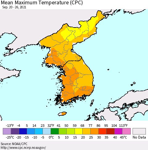 Korea Mean Maximum Temperature (CPC) Thematic Map For 9/20/2021 - 9/26/2021