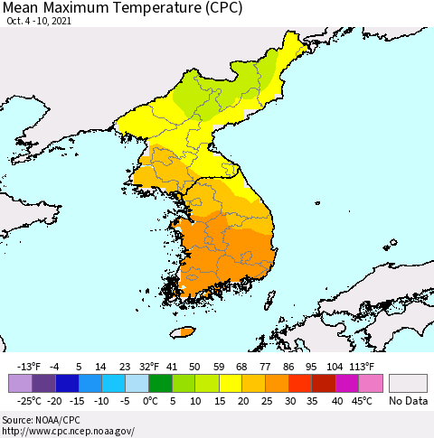 Korea Mean Maximum Temperature (CPC) Thematic Map For 10/4/2021 - 10/10/2021