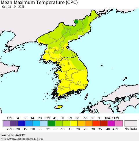 Korea Mean Maximum Temperature (CPC) Thematic Map For 10/18/2021 - 10/24/2021