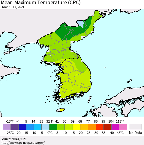 Korea Mean Maximum Temperature (CPC) Thematic Map For 11/8/2021 - 11/14/2021