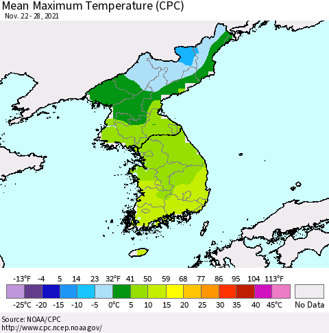 Korea Mean Maximum Temperature (CPC) Thematic Map For 11/22/2021 - 11/28/2021