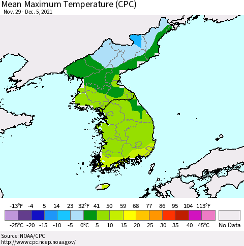 Korea Mean Maximum Temperature (CPC) Thematic Map For 11/29/2021 - 12/5/2021