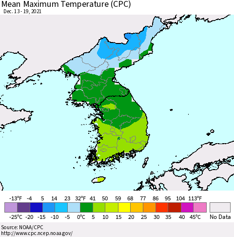 Korea Mean Maximum Temperature (CPC) Thematic Map For 12/13/2021 - 12/19/2021