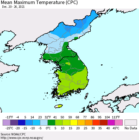 Korea Mean Maximum Temperature (CPC) Thematic Map For 12/20/2021 - 12/26/2021
