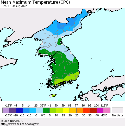 Korea Mean Maximum Temperature (CPC) Thematic Map For 12/27/2021 - 1/2/2022