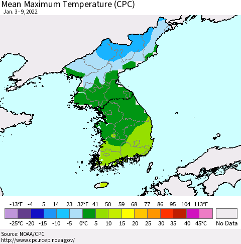 Korea Mean Maximum Temperature (CPC) Thematic Map For 1/3/2022 - 1/9/2022