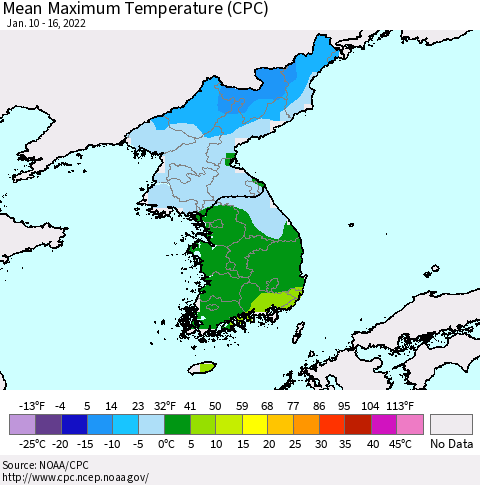 Korea Mean Maximum Temperature (CPC) Thematic Map For 1/10/2022 - 1/16/2022