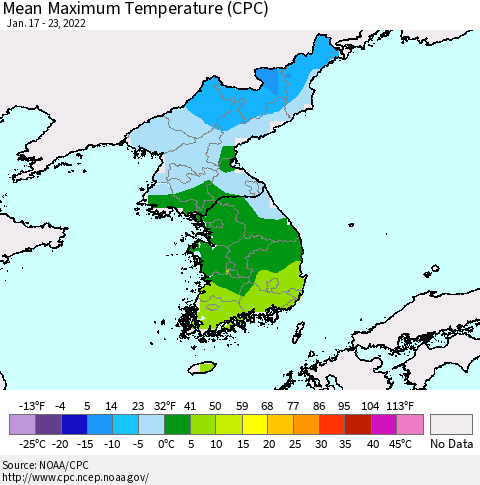 Korea Mean Maximum Temperature (CPC) Thematic Map For 1/17/2022 - 1/23/2022