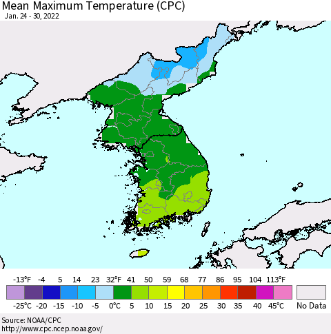 Korea Mean Maximum Temperature (CPC) Thematic Map For 1/24/2022 - 1/30/2022