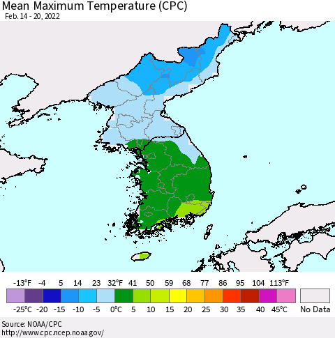 Korea Mean Maximum Temperature (CPC) Thematic Map For 2/14/2022 - 2/20/2022