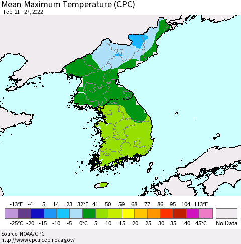 Korea Mean Maximum Temperature (CPC) Thematic Map For 2/21/2022 - 2/27/2022