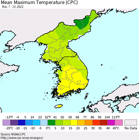 Korea Mean Maximum Temperature (CPC) Thematic Map For 3/7/2022 - 3/13/2022
