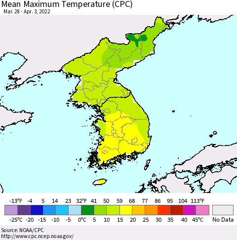 Korea Mean Maximum Temperature (CPC) Thematic Map For 3/28/2022 - 4/3/2022