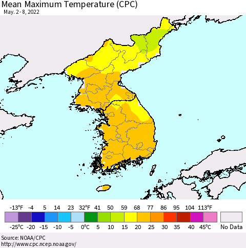 Korea Mean Maximum Temperature (CPC) Thematic Map For 5/2/2022 - 5/8/2022