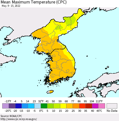 Korea Mean Maximum Temperature (CPC) Thematic Map For 5/9/2022 - 5/15/2022