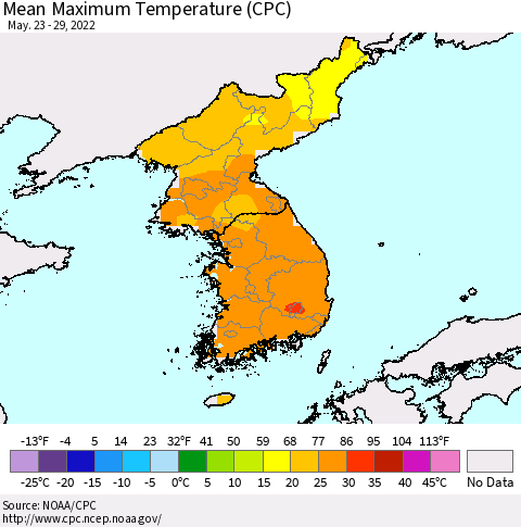 Korea Mean Maximum Temperature (CPC) Thematic Map For 5/23/2022 - 5/29/2022