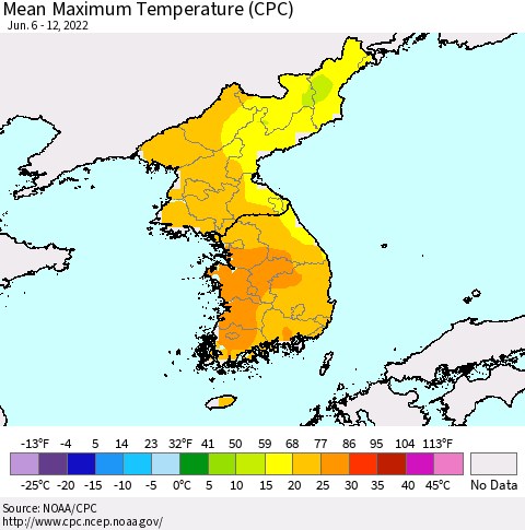 Korea Mean Maximum Temperature (CPC) Thematic Map For 6/6/2022 - 6/12/2022