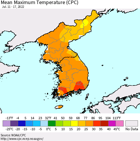 Korea Mean Maximum Temperature (CPC) Thematic Map For 7/11/2022 - 7/17/2022