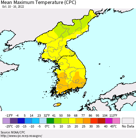 Korea Mean Maximum Temperature (CPC) Thematic Map For 10/10/2022 - 10/16/2022